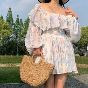 NEW Pastel Blue/Pink/Green Floral Puff Sleeve Ruffle Corset Mini Dress